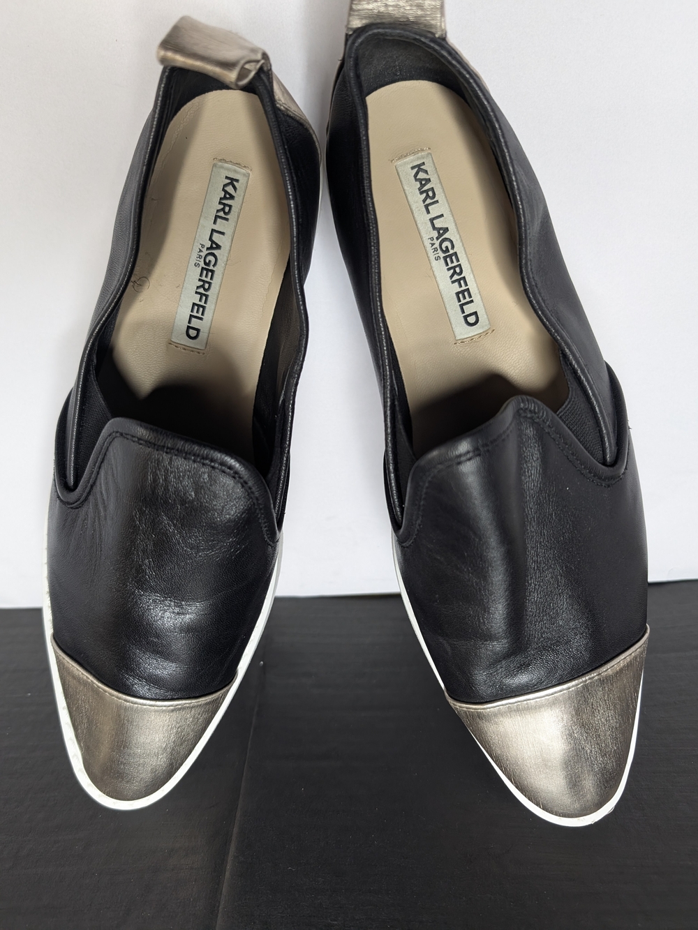 Karl Lagerfeld Black Leather Slip-On Flats with Metallic Toe Caps